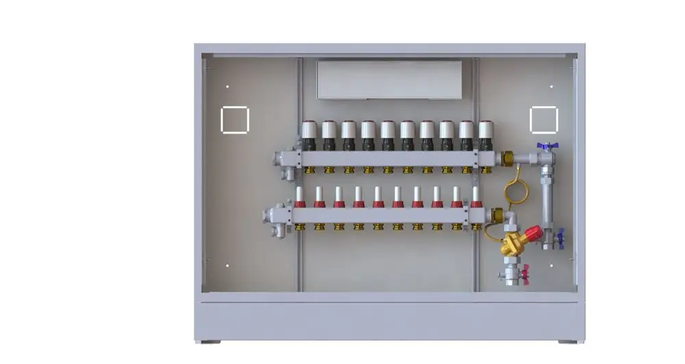 Danfoss Heizkreisverteilungseinheit mit mehreren Ventilen, Anschlüssen und Regelungskomponenten, zur Integration in Heizsysteme, in einem grauen Gehäuse.